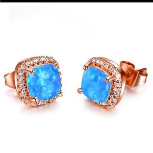 Blue Opal Halo Stud Earrings - Women Jewelry